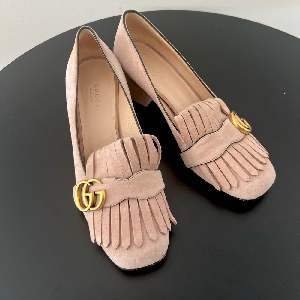 Gucci Light Pink Suede GG Marmont Fringe Block Heel Pumps Size 38